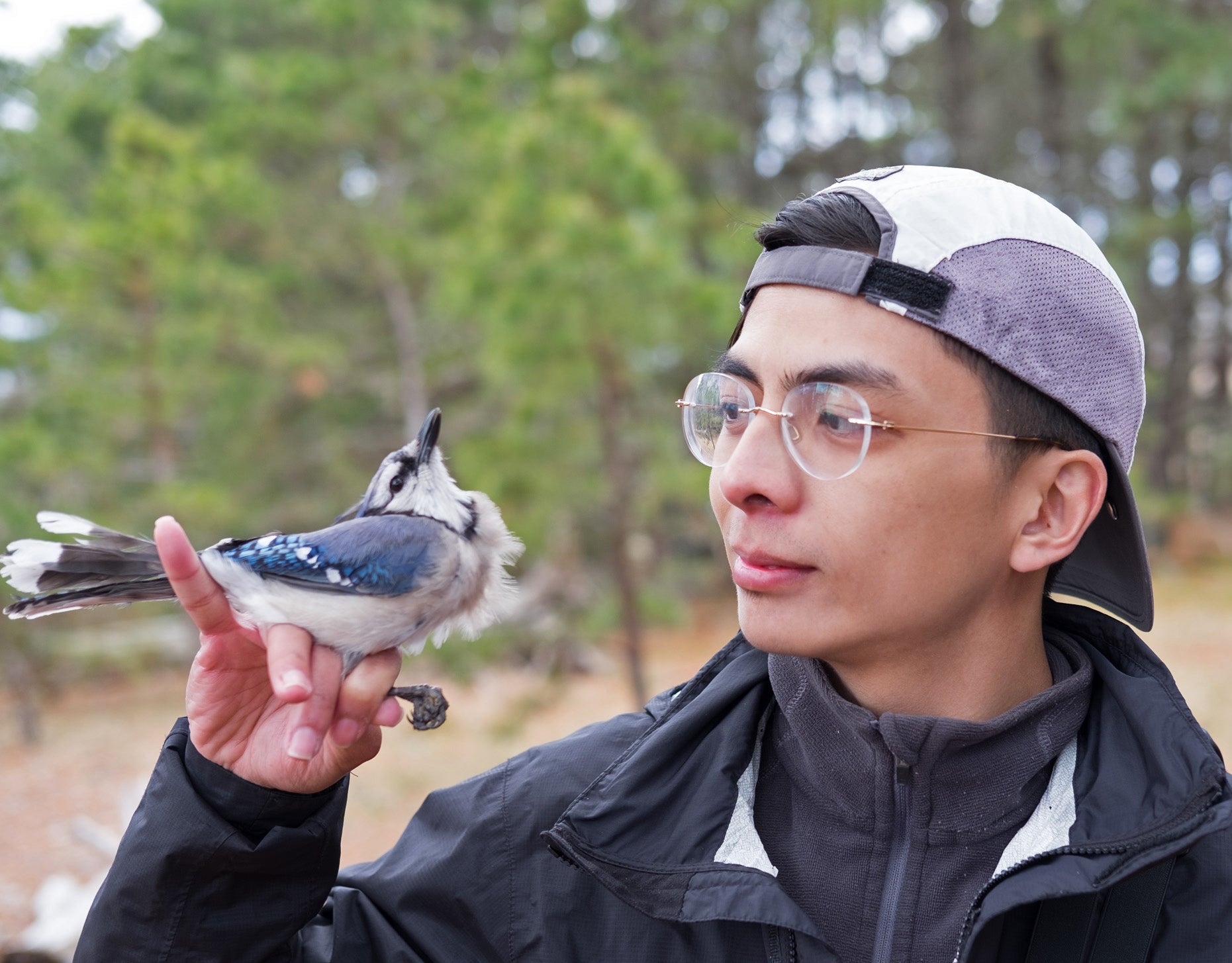 Jason Lacson holding a blue bird