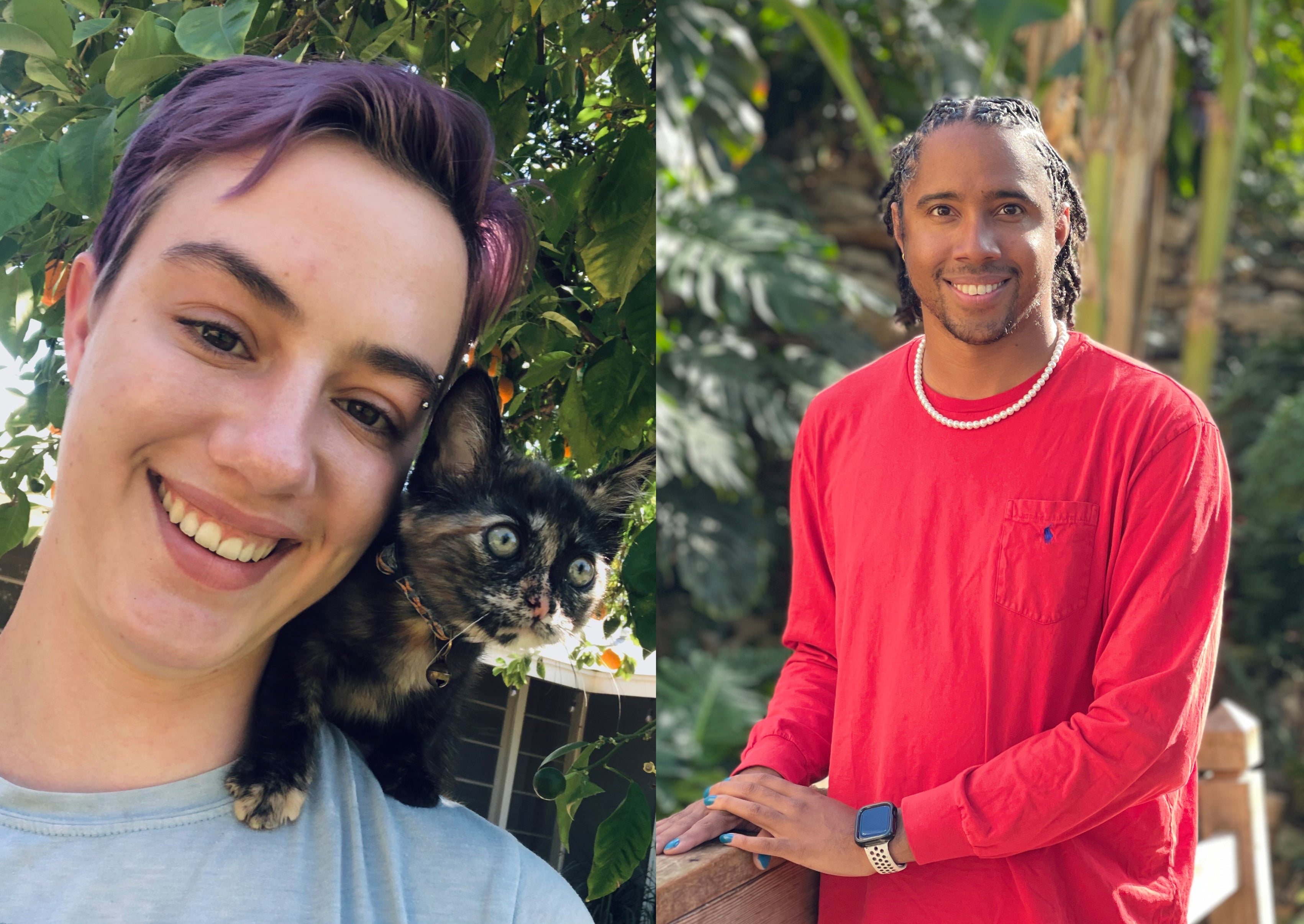 Two side-by-side headshots of people smiling in front of green plants.