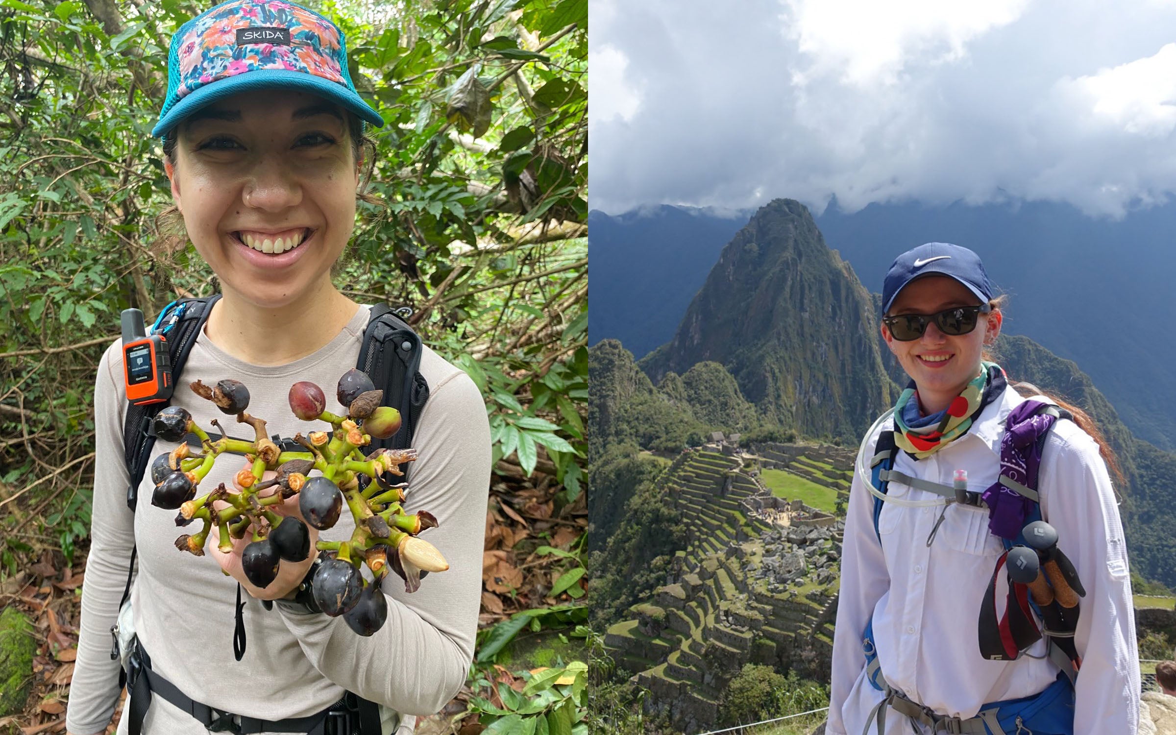 Two side-by-side images. On the left, a woman in a hat smiles while holding up a plant in the rainforest. On the right, a woman in a hat and sunglasses smiles in front of Machu Picchu..