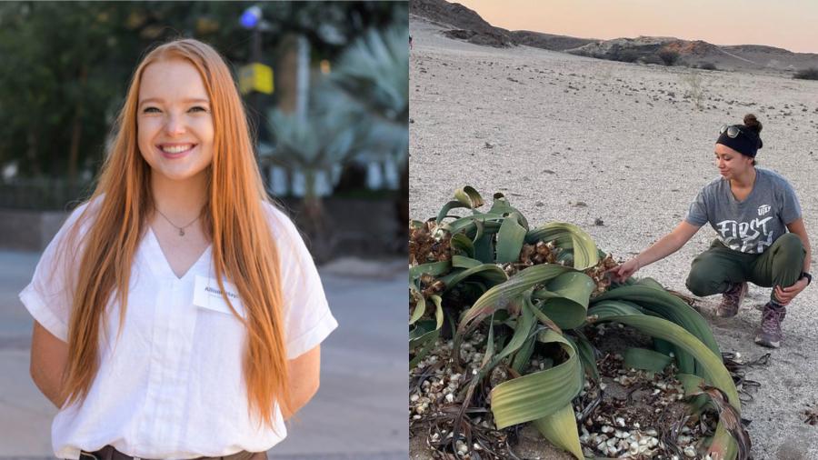 Two side-by-side images. On the left, a headshot. On the right, a picture of a woman kneeling next to a plant in the desert.