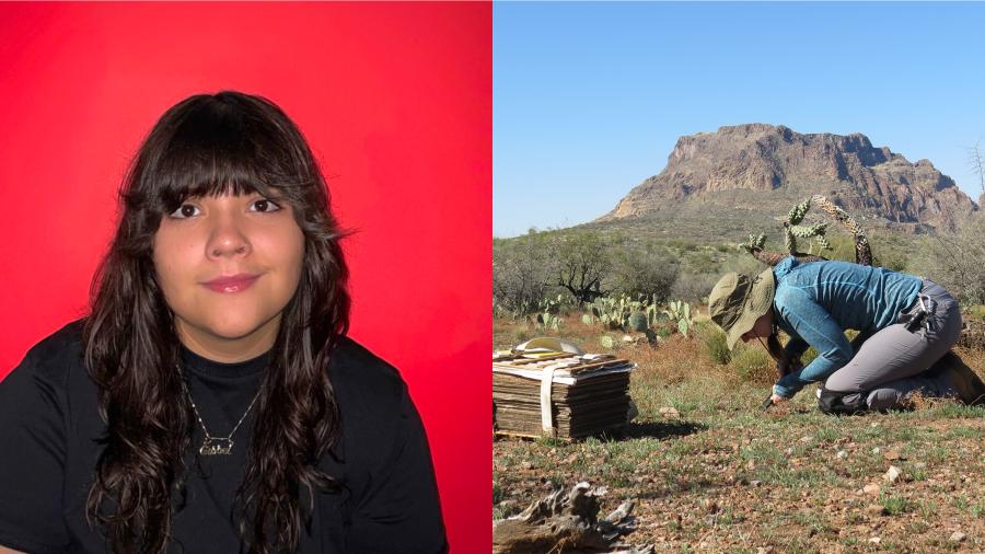 On the left, a headshot with a red background. On the right, a photo of a person digging in the desert in front of Picketpost mountain.