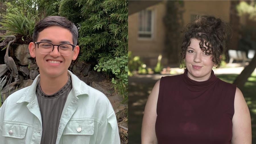 On the left, a headshot of a smiling man with black hair and glasses. On the right, a headshot of a smiling woman with brown hair.