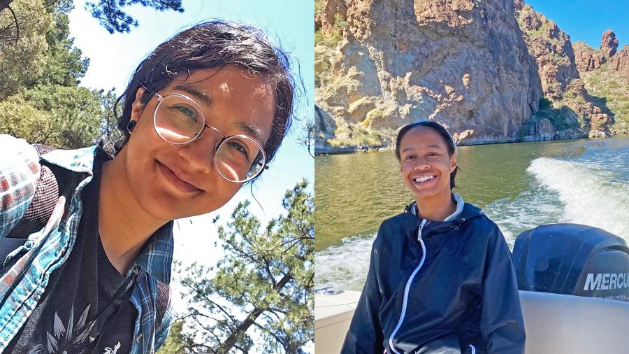 Two side-by-side images. On the left, a smiling woman with glasses. On the right, a smiling woman on a boat.