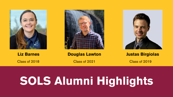 From left to right the alumni showcased in this article are Liz Barnes (Class of 2018), Douglas Lawton (Class of 2021) and Justas Birgiolas (Class of 2019)