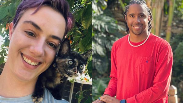 Two side-by-side headshots of people smiling in front of green plants.