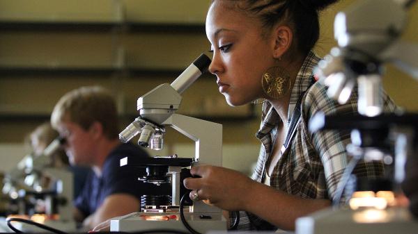 A woman looks through a microscope at a desk.